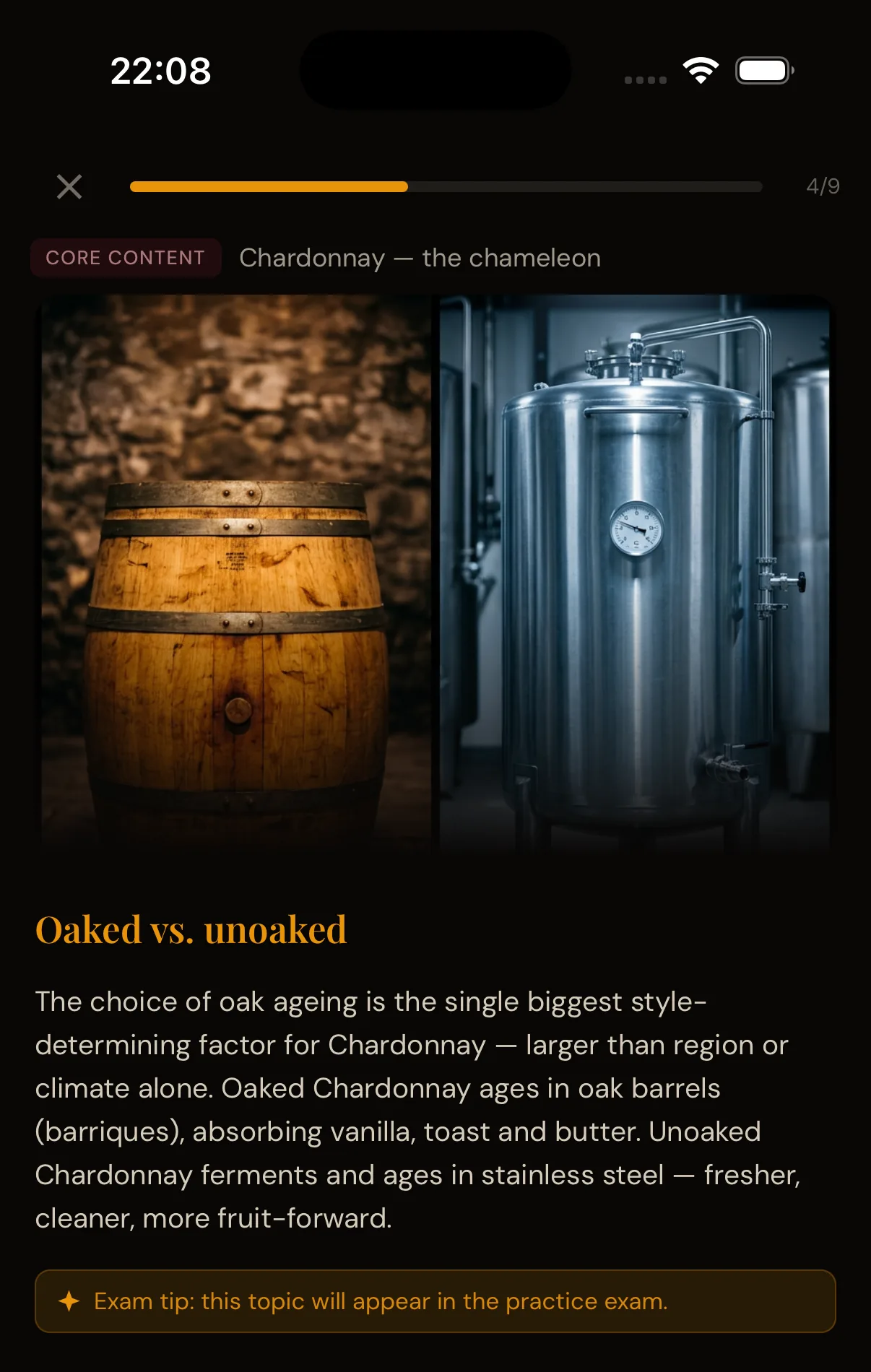 Les 2 van Mijn Wijn Academie, scherm 4 van 9: “Oaked vs. unoaked”, met twee foto's en een tip.